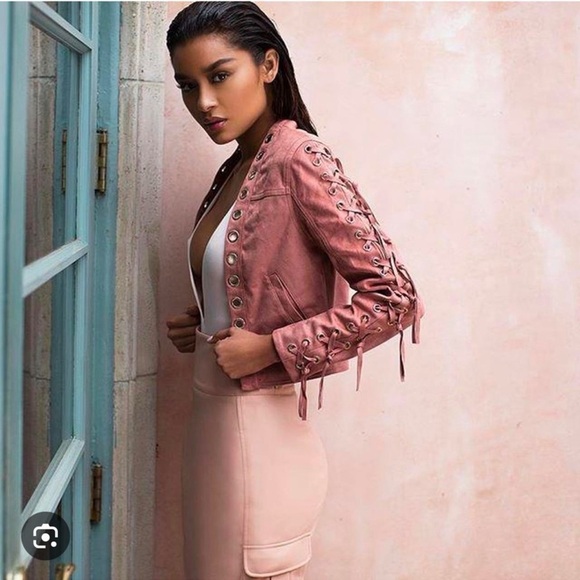 House Of CB Faux Suede Fringe Jacket Pink Women’s Medium Coastal Cowgirl Western - Picture 3 of 13